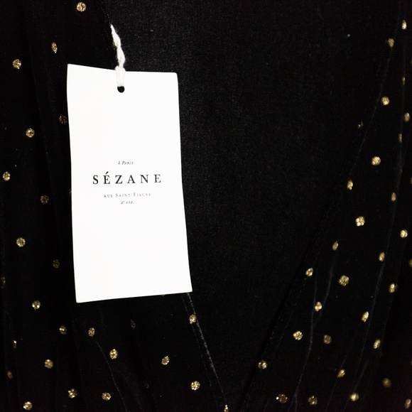 SEZANE Adelma Midi Dress in Black Velvet with Glitter Polka Dots - Size 6 - Picture 10 of 16